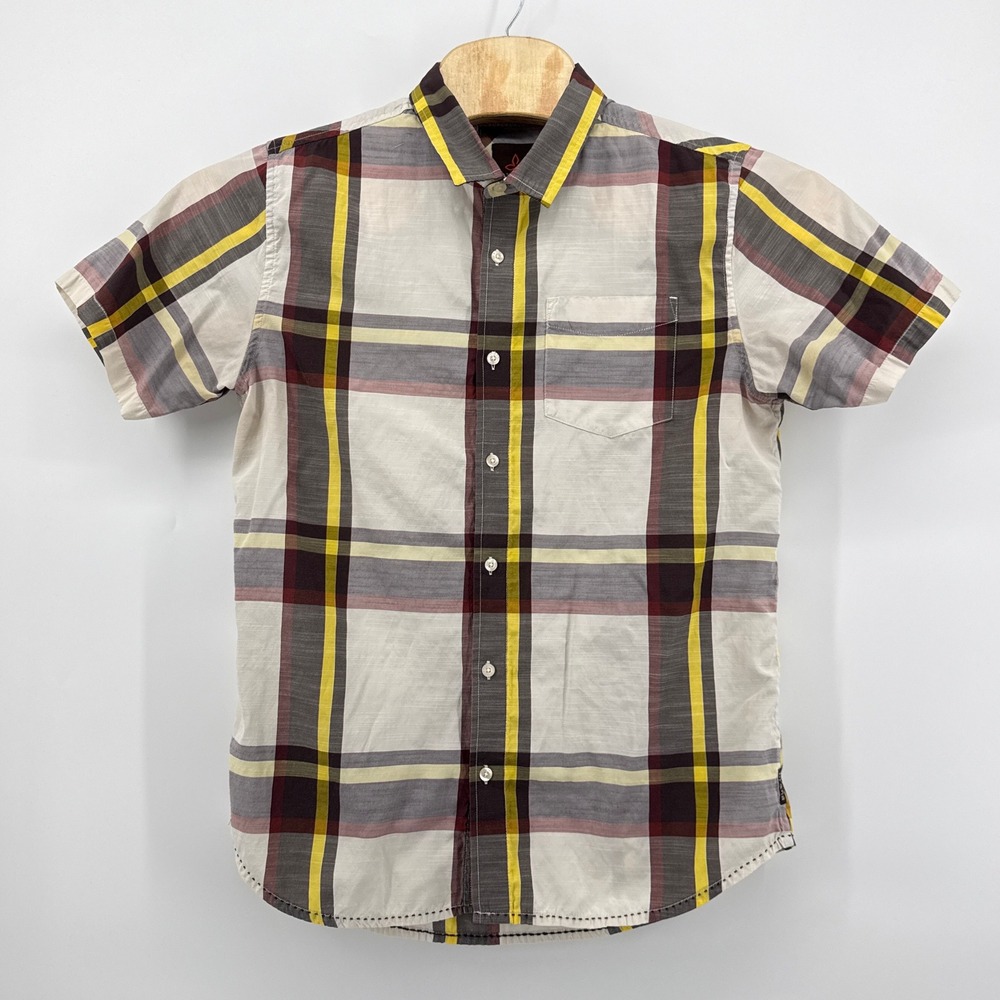 prAna Men's Large Plaid Short Sleeve Button Down Shirt Organic Cotton Blend Grey